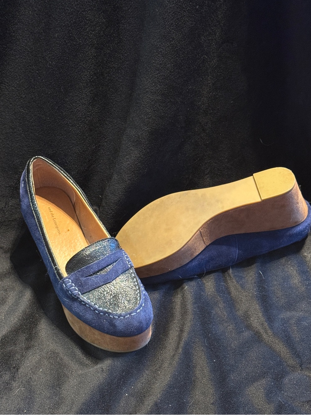 Pilcro and the Letterpress Navy Blue and Black Suede Leather Loafers